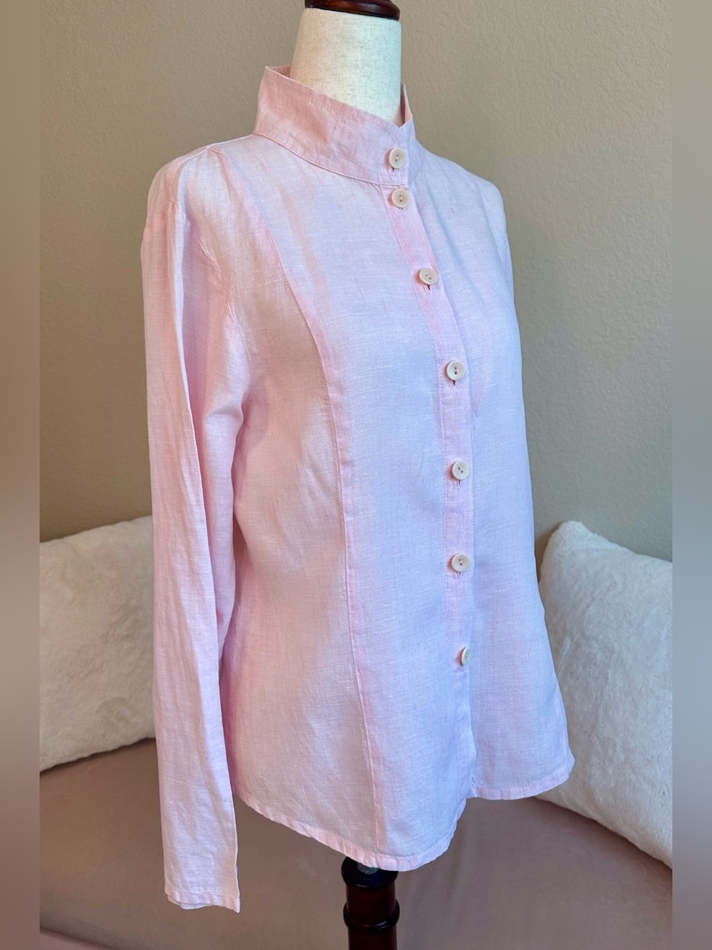 FLAX 100% Linen Shirt Button Up LS Banded Collar Women’s XS Light Pink Resort